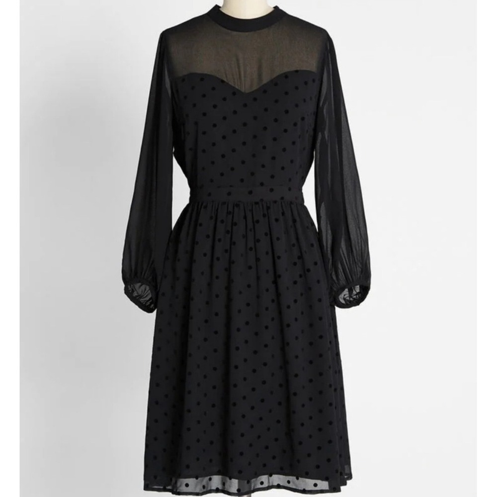 ModCloth Black Flocked Polka Dot Mesh Midi Dress Long Sleeve NWT